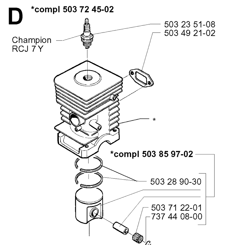 Cylinder Piston Diagram and Parts List for 225L 19970500001-20004000000 Husqvarna Edger