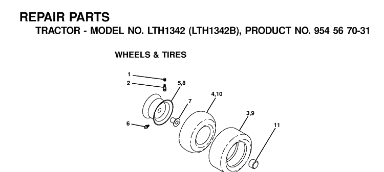 Wheels And Tires Diagram and Parts List for LTH1342-LTH1342B 2000-12 Husqvarna Lawn Tractor