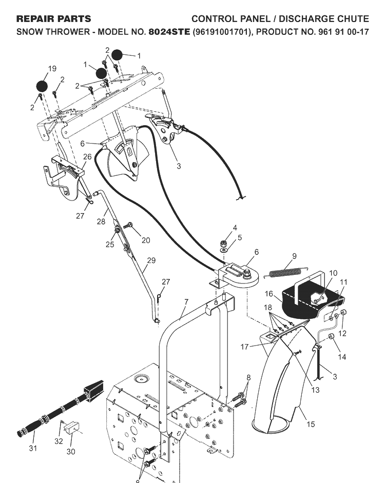 Control Panel And Discharge Chute Diagram and Parts List for 8024STE (96191001701)(2007-10) Husqvarna Snow Blower