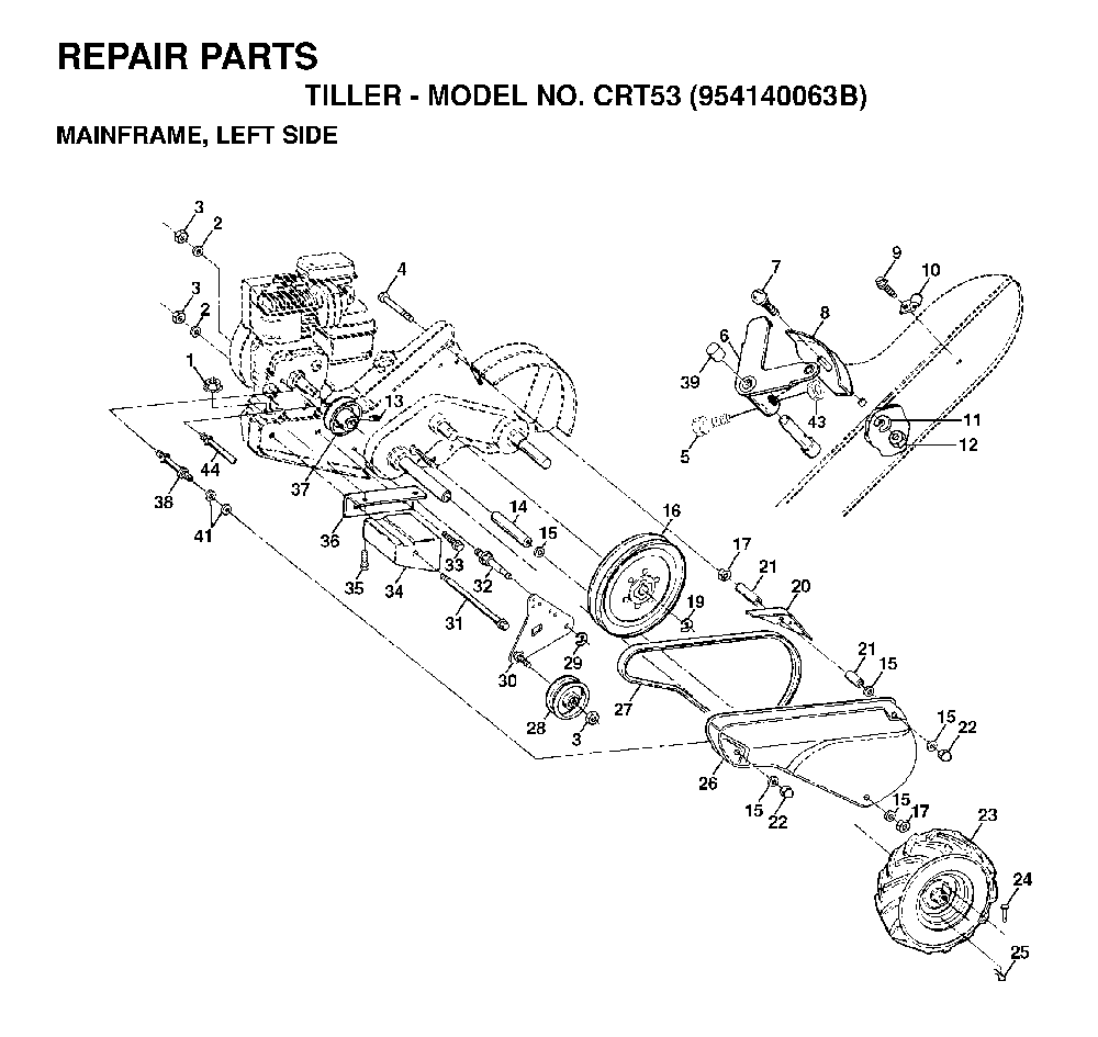 Mainframe, Left Side Diagram and Parts List for CRT53 (954140063B)(1998-07) Husqvarna Tiller
