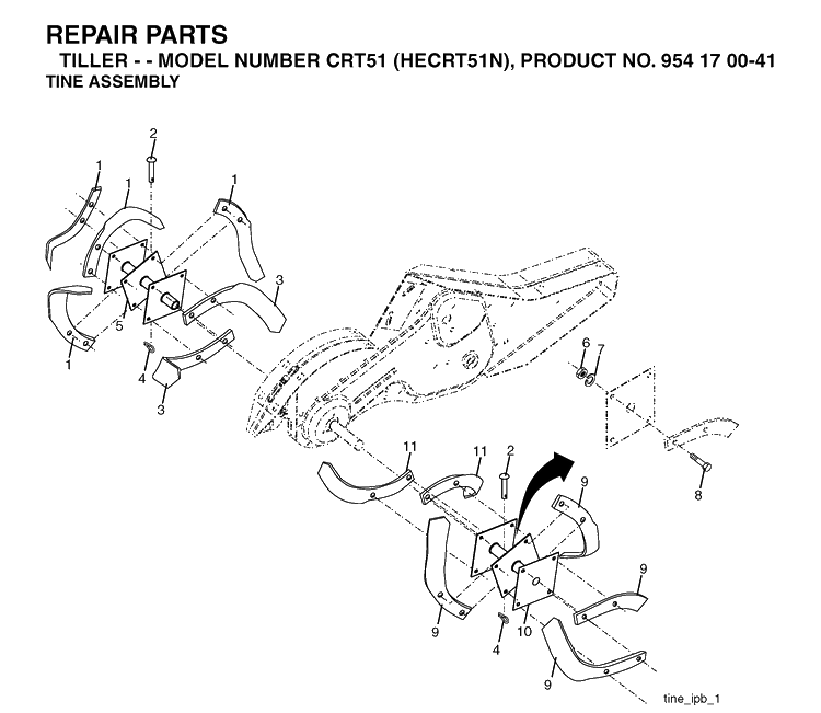 Tine Assembly Diagram and Parts List for CRT51 (HECRT51N)(2004-01) Husqvarna Cultivator
