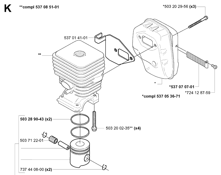 Cylinder Piston Diagram and Parts List for 326EX 20010900001-20020500000 Husqvarna Edger