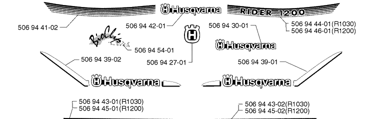 Decals Diagram and Parts List for RIDER1200 1998-01 Husqvarna Lawn Mower
