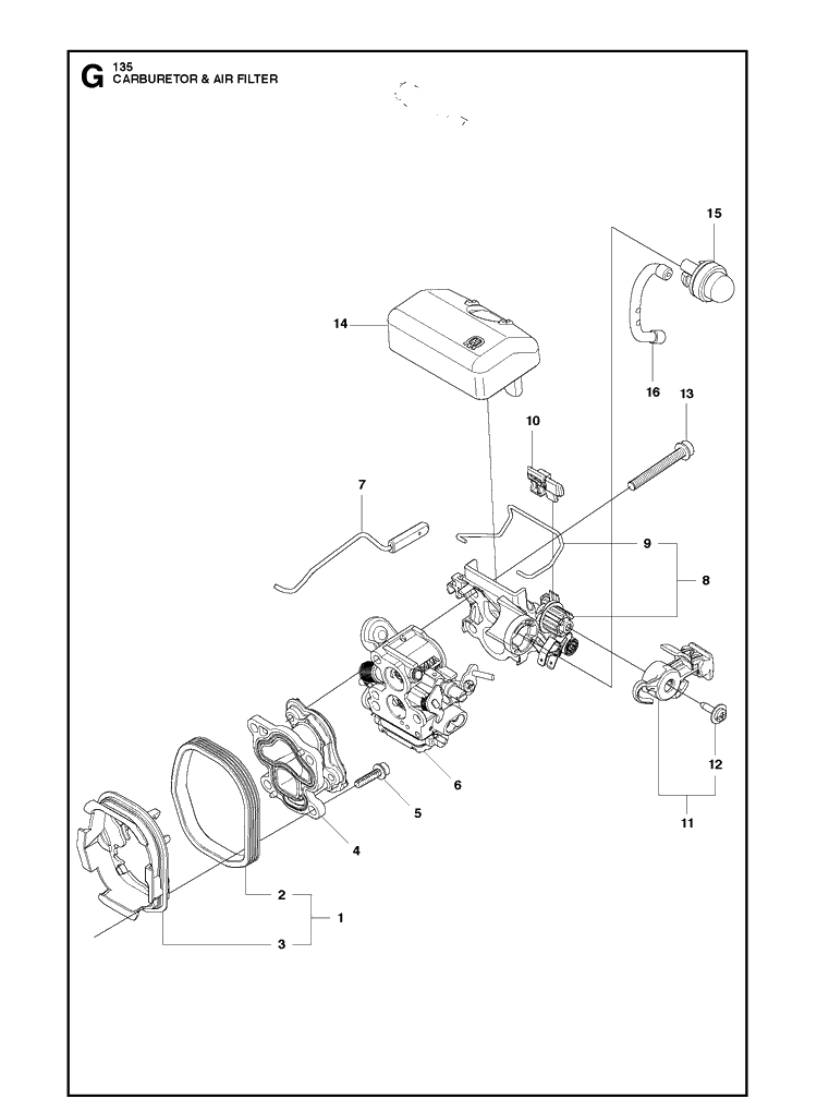 Carburetor And Air Filter Diagram and Parts List for 135E  Husqvarna Chainsaw