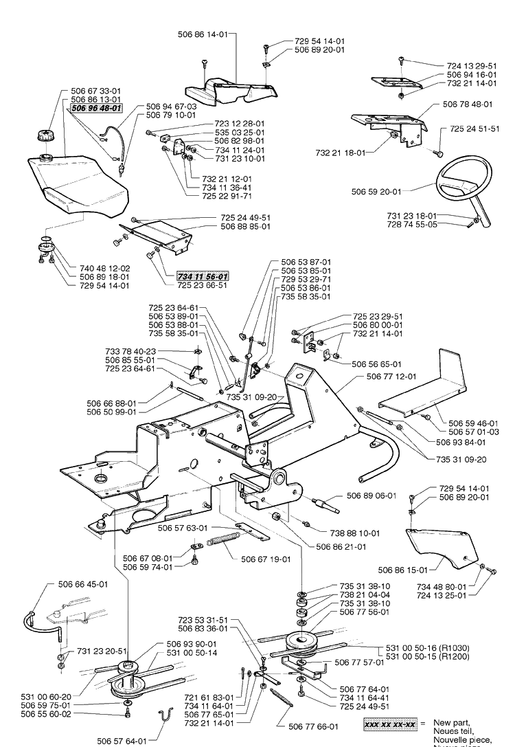 Frame Assembly Diagram and Parts List for RIDER1200 1998-01 Husqvarna Lawn Mower