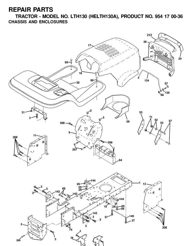 Chassis And Enclosures Diagram and Parts List for LTH130 (HELTH130A)(2001-01) Husqvarna Lawn Tractor