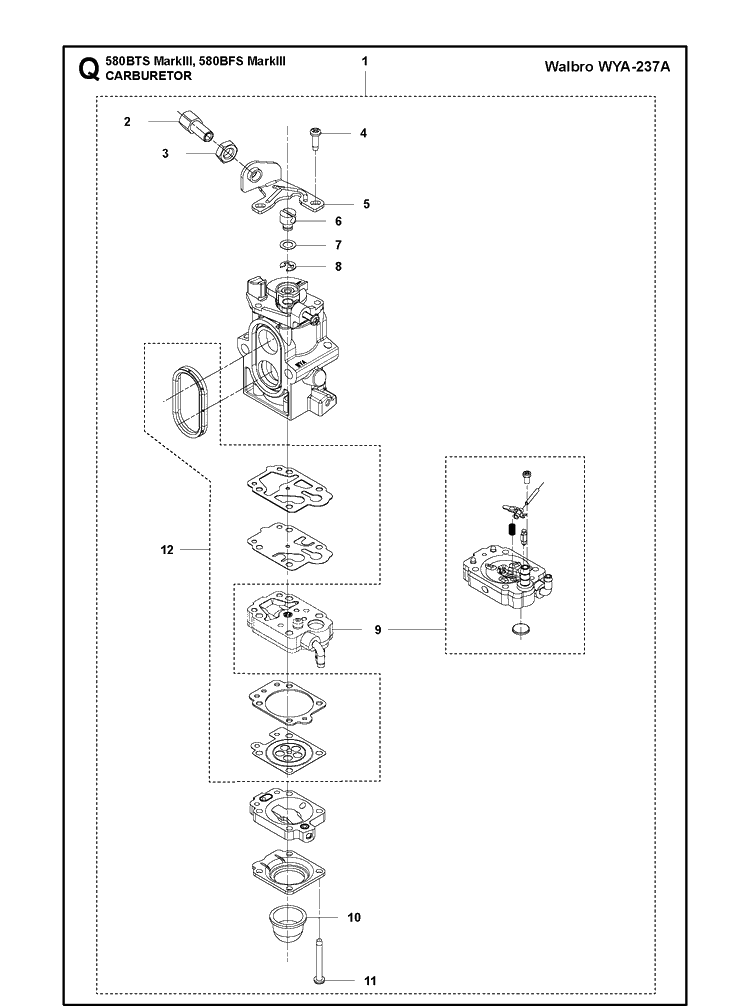 Carburetor Diagram and Parts List for 580BFS 580BTS Mark III Husqvarna Leaf Blower / Vacuum