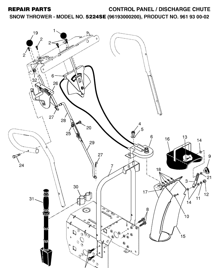 Control Panel And Discharge Chute Diagram and Parts List for 5524SE (96193000200)(2006-05) Husqvarna Snow Blower