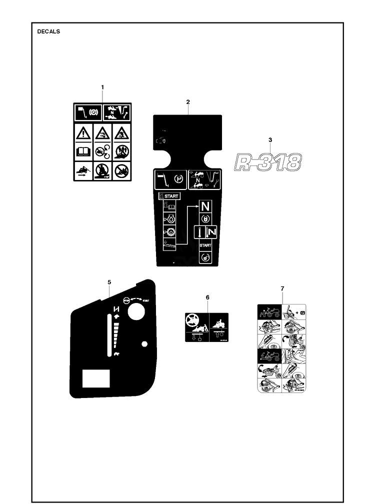 Decals Diagram and Parts List for R318  Husqvarna Lawn Mower