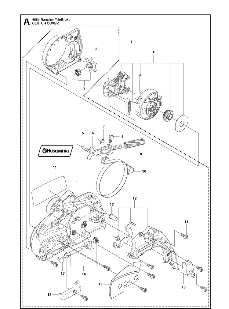 Clutch Cover Diagram and Parts List for 455E (TRIOBRAKE)(2013-11) Husqvarna Chainsaw