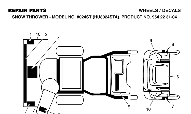 Decals Diagram and Parts List for 8024ST (HU8024STA)(2002-09) Husqvarna Snow Blower