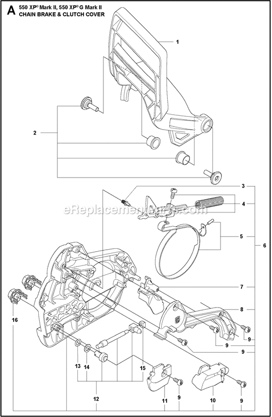 Chain Brake And Clutch Cover Diagram and Parts List for 550XPGMARKII  Husqvarna Chainsaw