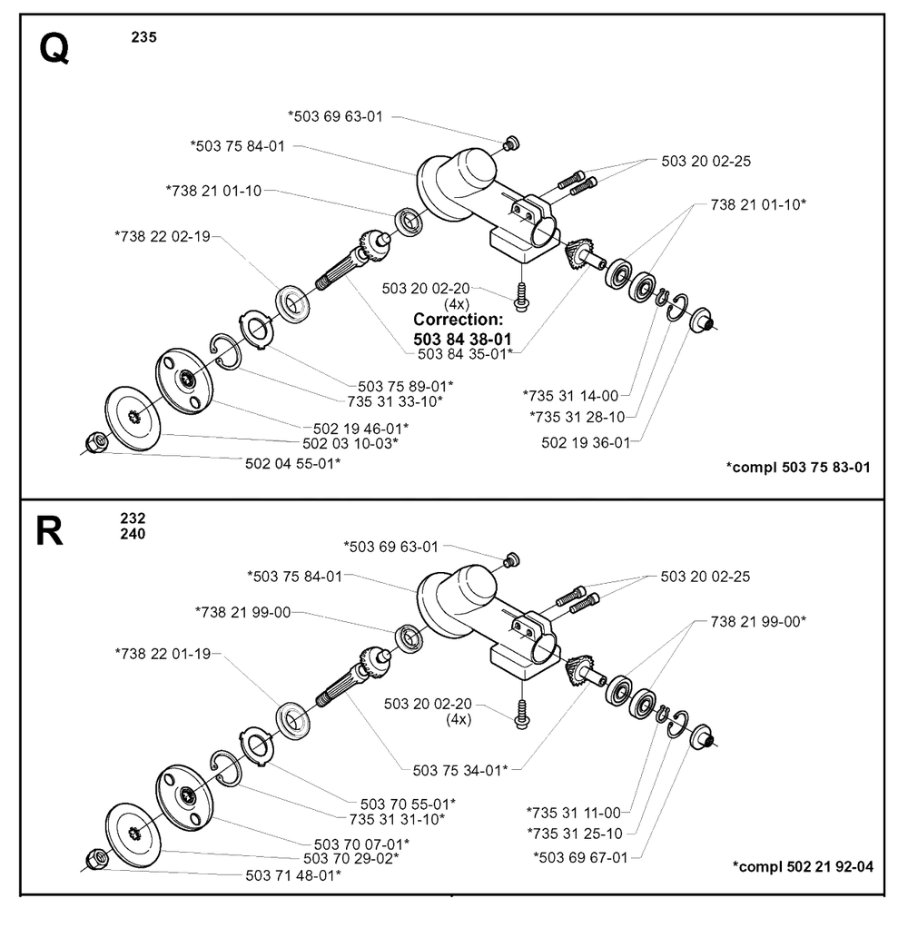 Bevel Gear Diagram and Parts List for 232RD 20001400001 & Above Husqvarna Trimmer