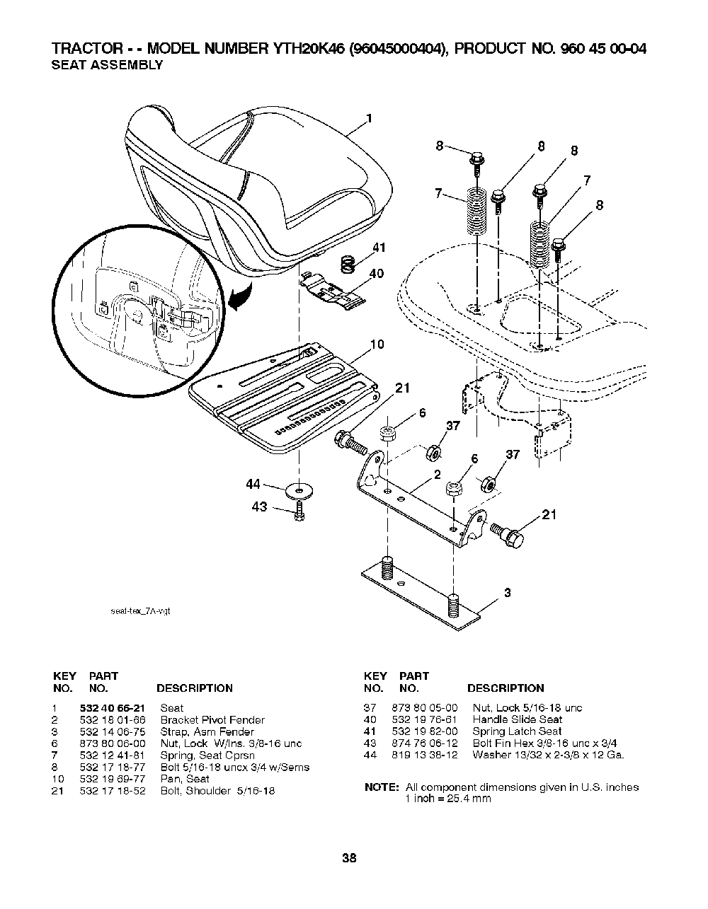 Seat Diagram and Parts List for YTH20K4696045000404 2007-10 Husqvarna Lawn Tractor