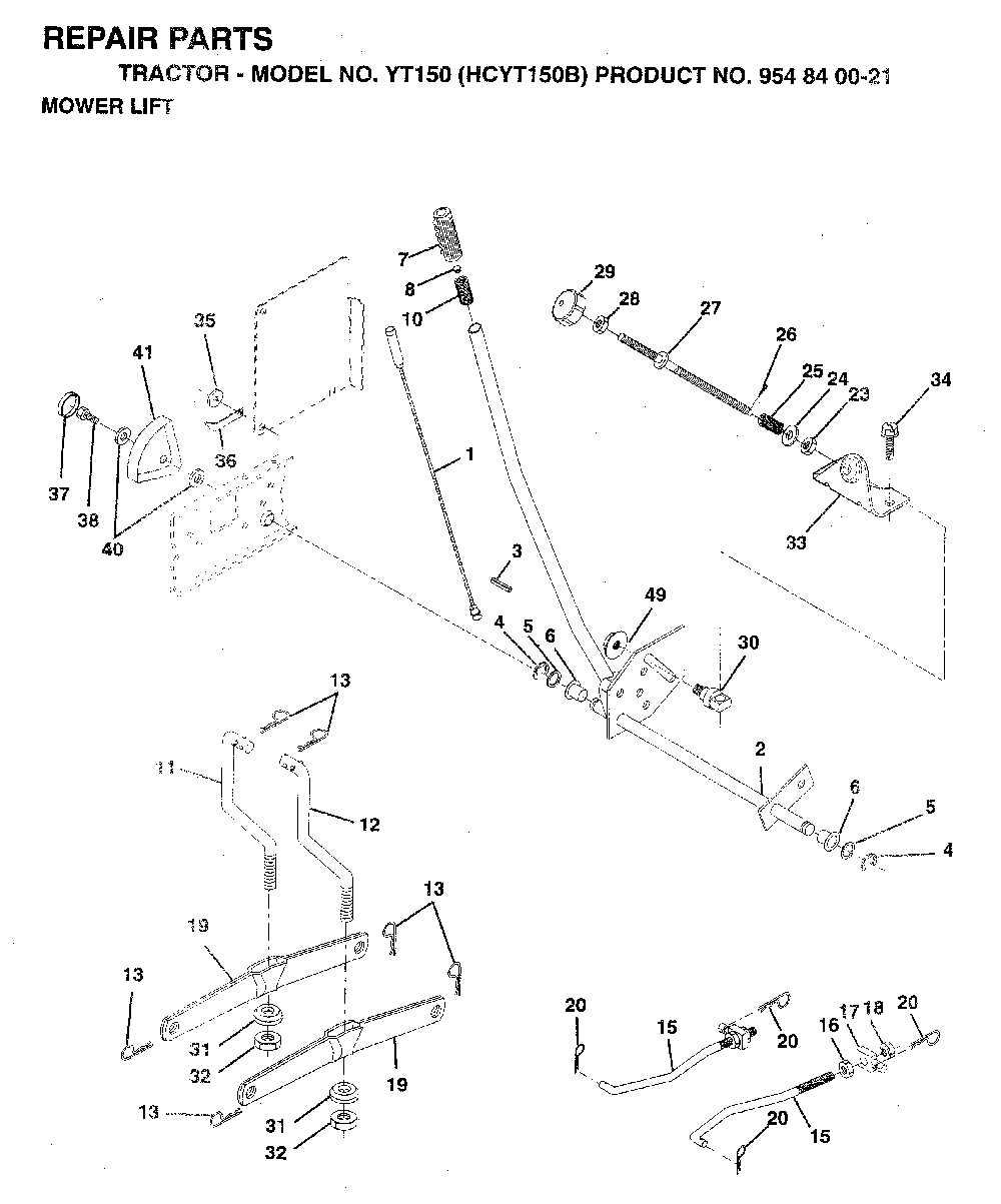 Mower Lift / Deck Lift Diagram and Parts List for YT150 (HCYT150B, 954840021)(1996-04) Husqvarna Lawn Tractor