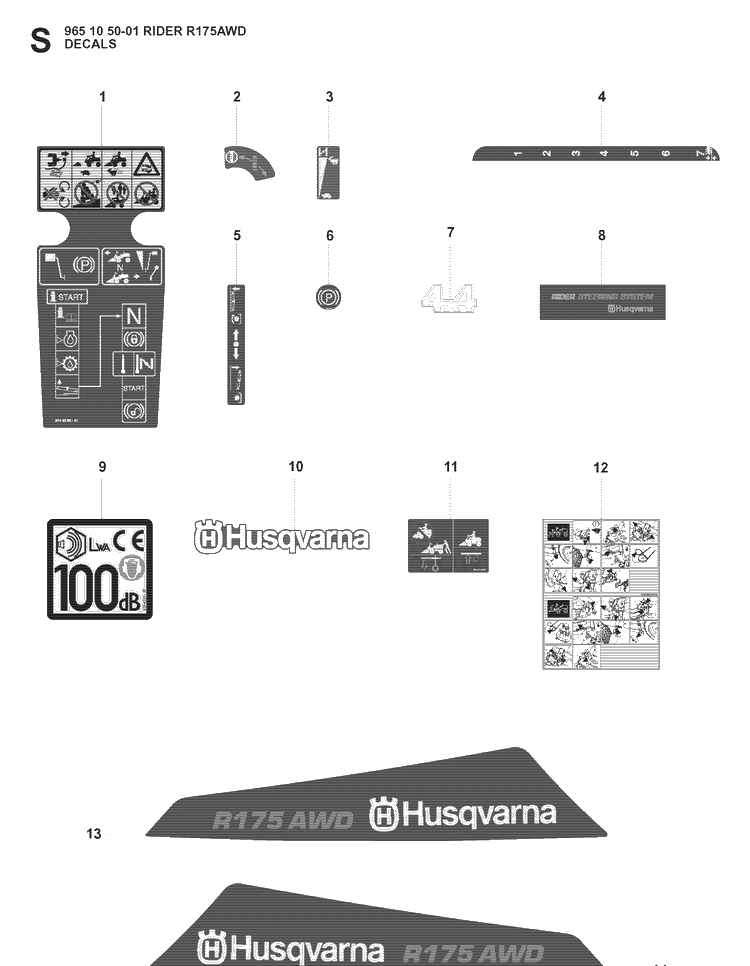 Decals Diagram and Parts List for RIDER175AWD (965105001)(2008-06) Husqvarna Lawn Mower