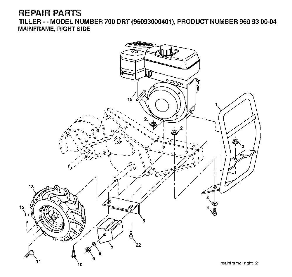 Mainframe, Right Side Diagram and Parts List for 700DRT (96093000401)(2006-02) Husqvarna Tiller