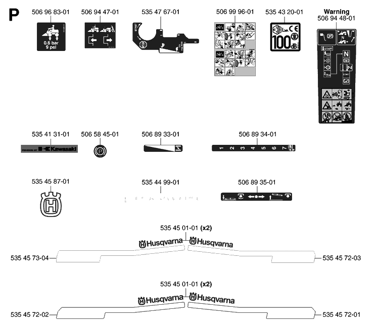 Decals Diagram and Parts List for PR15 (953535001)(2004-01) Husqvarna Lawn Mower
