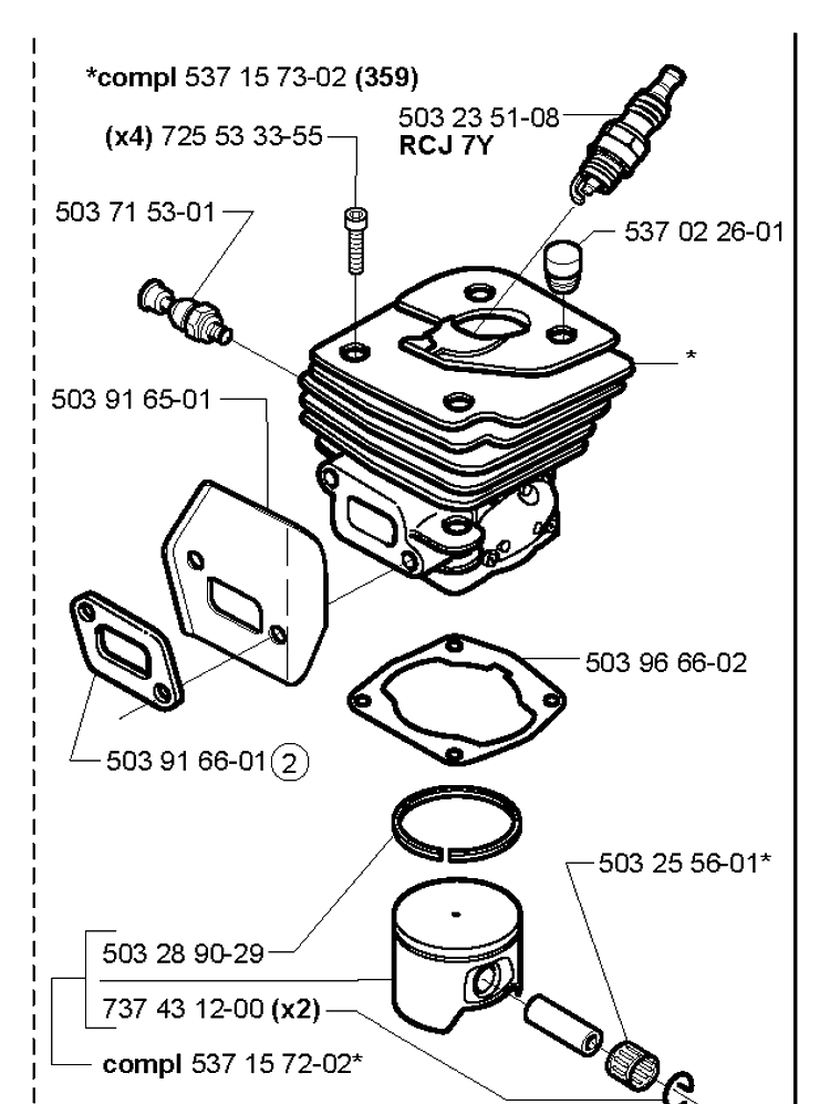 Cylinder Piston Diagram and Parts List for 359 20014000001-20041800000 Husqvarna Chainsaw