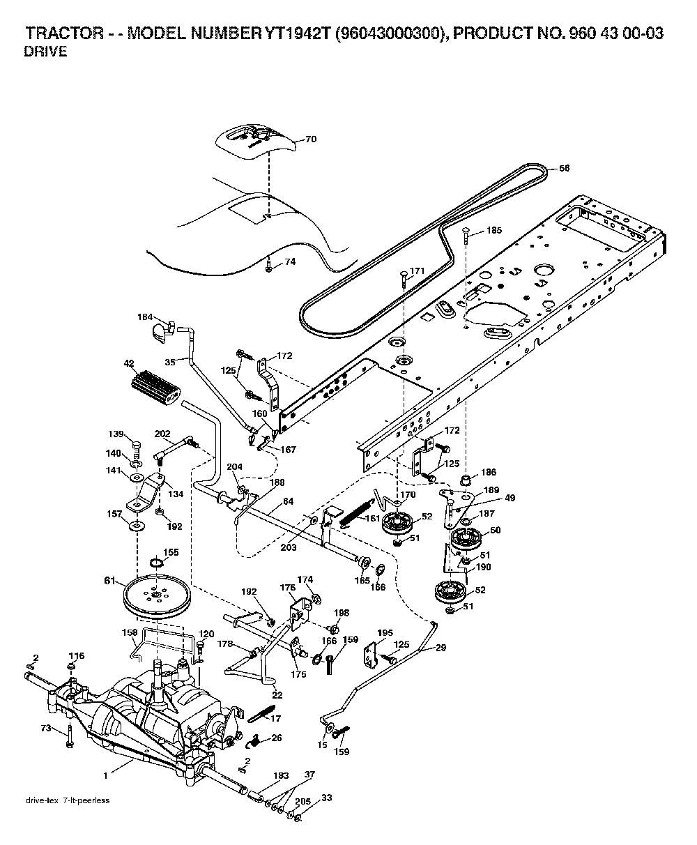 Drive Diagram and Parts List for YT1942T (96043000300, 960430003)(2006-05) Husqvarna Lawn Tractor
