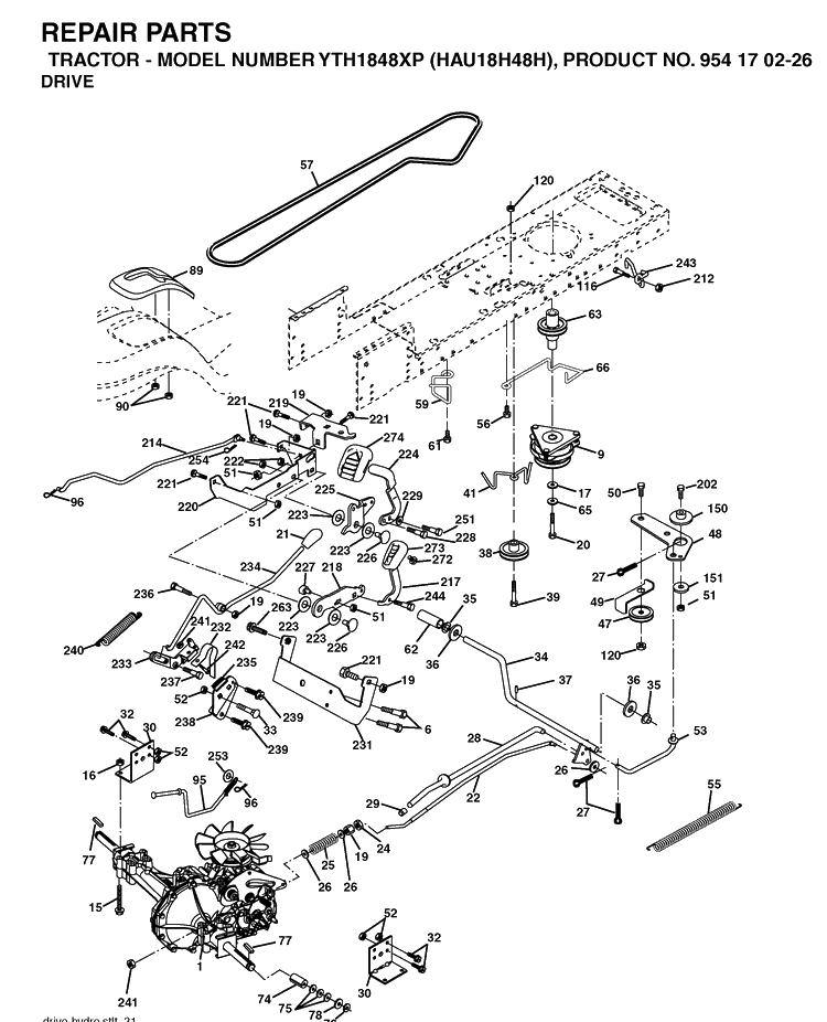 Drive Diagram and Parts List for YTH1848XP (HAU18H48H)(2004-09) Husqvarna Lawn Tractor