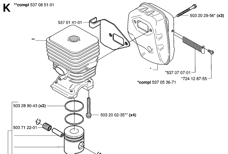 Cylinder, Piston And Muffler Diagram and Parts List for HA110 20040100001-20054000000 Husqvarna Hedge Trimmer