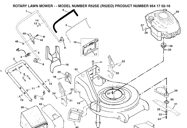 Frame And Engine Diagram and Parts List for R52SE-R52ED 2004-01 Husqvarna Lawn Mower