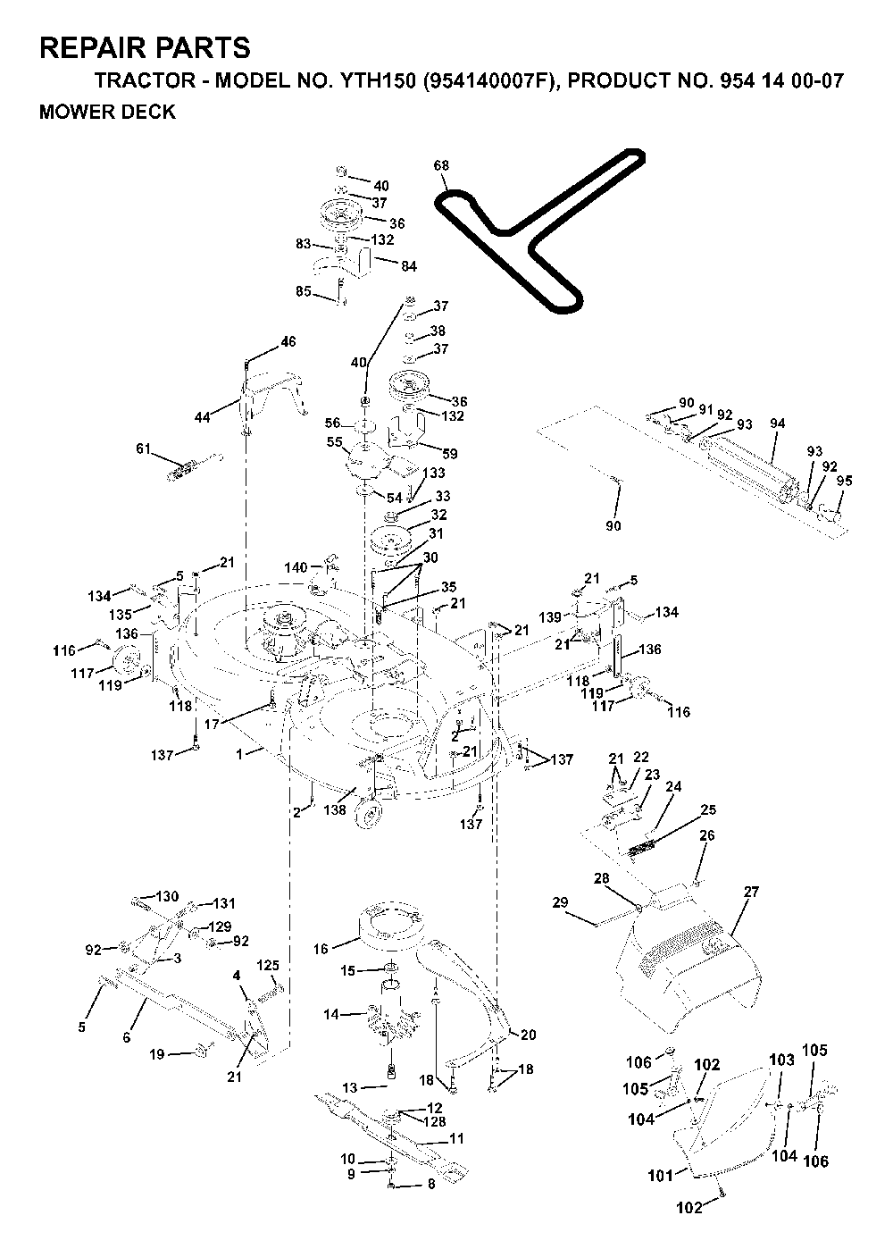 Mower Deck / Cutting Deck Diagram and Parts List for YTH150 (954140007F, 954140007)(1998-07) Husqvarna Lawn Tractor