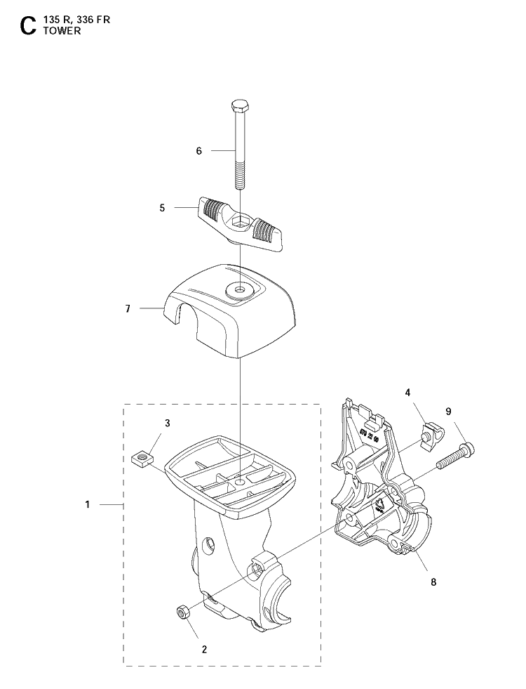 Tower Diagram and Parts List for 135R  Husqvarna Brush Cutter