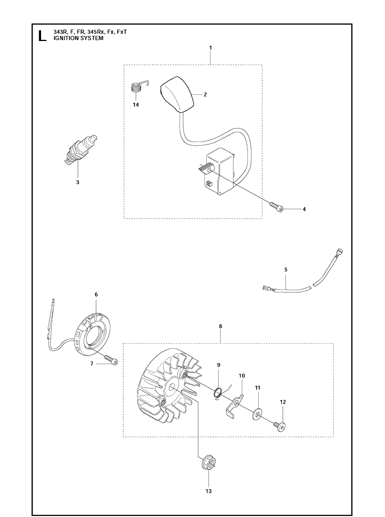 Ignition System Diagram and Parts List for 343FR  Husqvarna Brush Cutter