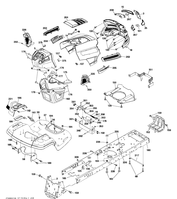 Chassis / Frame Diagram and Parts List for GT48DXLS CARB-Non-CARB Husqvarna Lawn Tractor