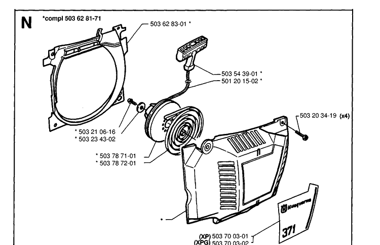 Starter Diagram and Parts List for 371XP 19954900001-19960900000 Husqvarna Chainsaw