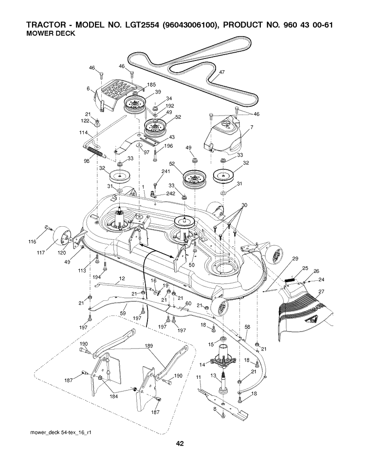 Mower Deck / Cutting Deck Diagram and Parts List for LGT2554 2008-12 Husqvarna Lawn Tractor