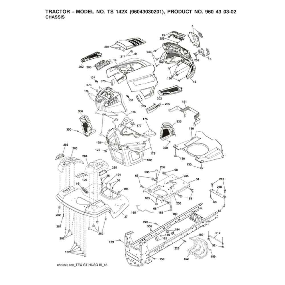 Chassis Diagram and Parts List for TS142X-96043030201  Husqvarna Lawn Tractor