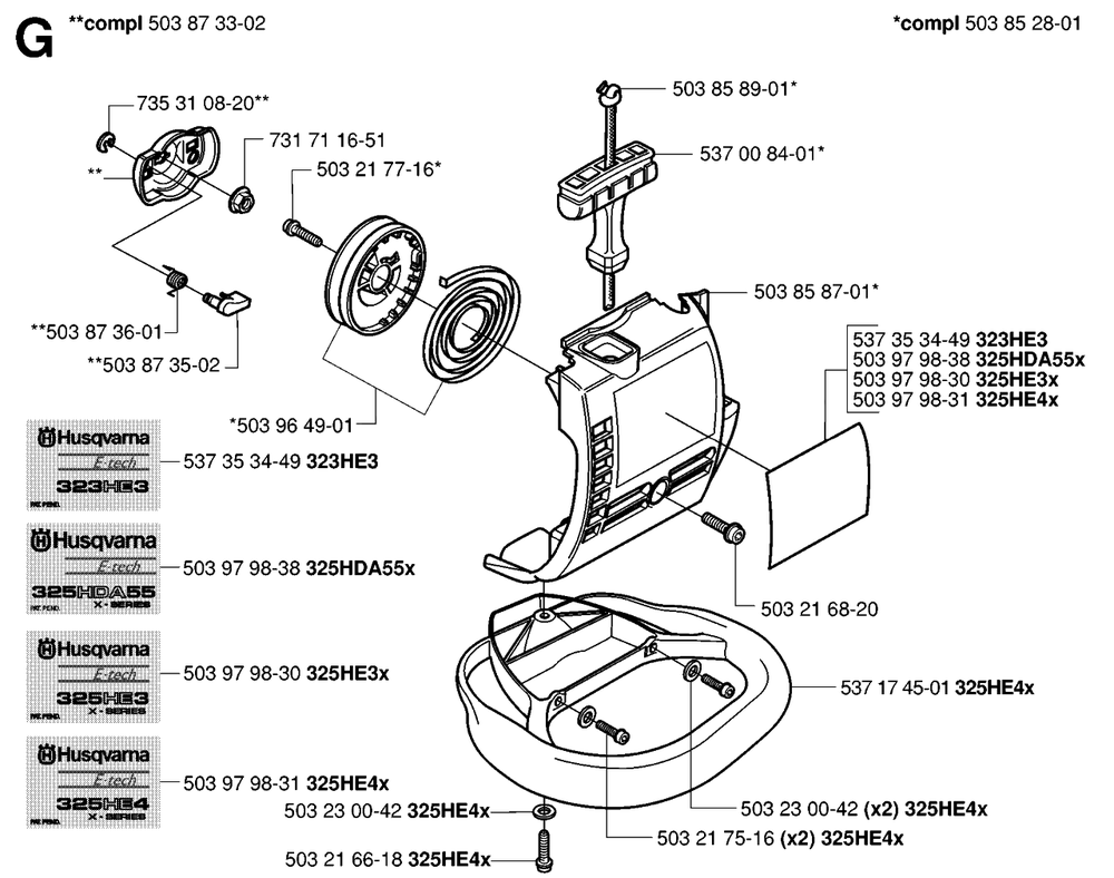 Starter Diagram and Parts List for HA110 20050600001 - 20054000000 Husqvarna Trimmer