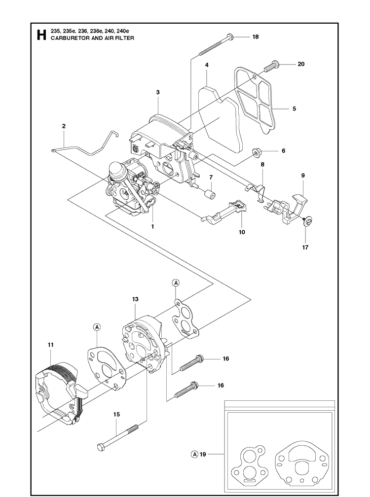 Carburetor And Air Filter Diagram and Parts List for 240 20101400001-20144000000 Husqvarna Chainsaw