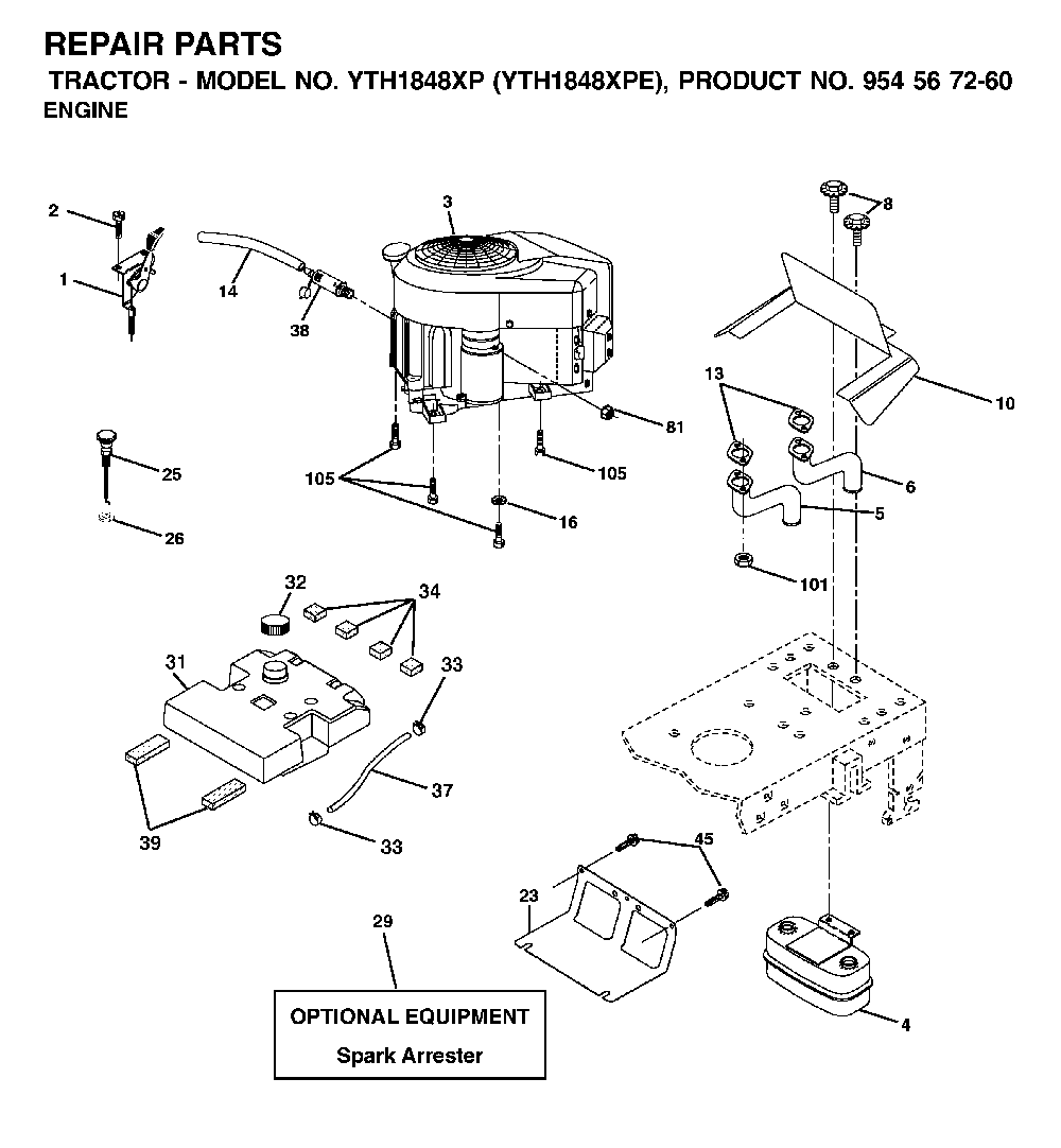 Engine Diagram and Parts List for YTH1848XPE (954567260)(2002-02) Husqvarna Lawn Tractor