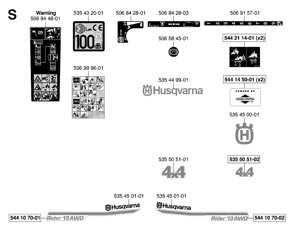 Decals Diagram and Parts List for R13AWD (965079901)(2006-01) Husqvarna Lawn Tractor