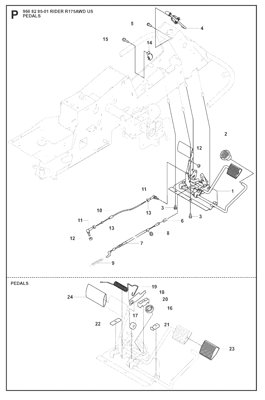 Pedals Diagram and Parts List for R175 (966828501)(2008-05) Husqvarna Lawn Tractor