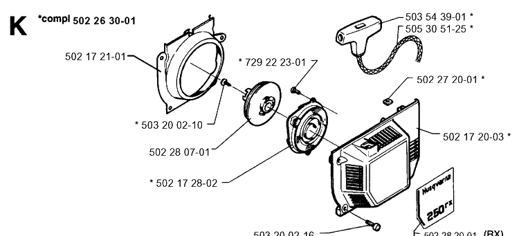 Starter Diagram and Parts List for 250RX 19954000001-19973100000 Husqvarna Brush Cutter
