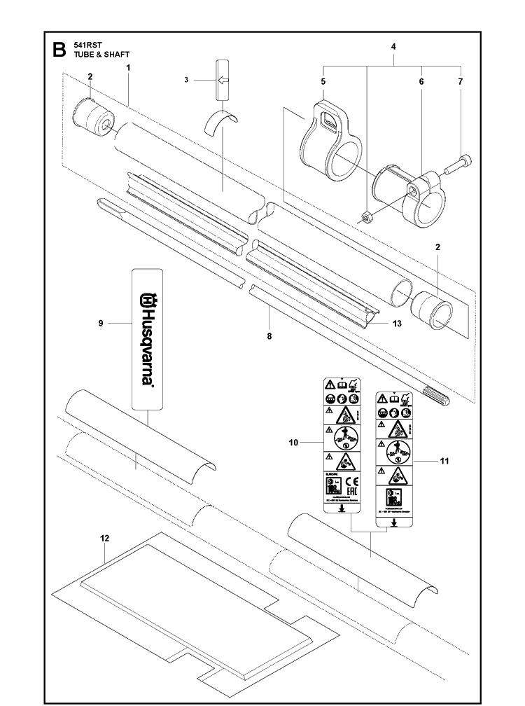 Tube And Shaft Diagram and Parts List for 541RST  Husqvarna Brush Cutter