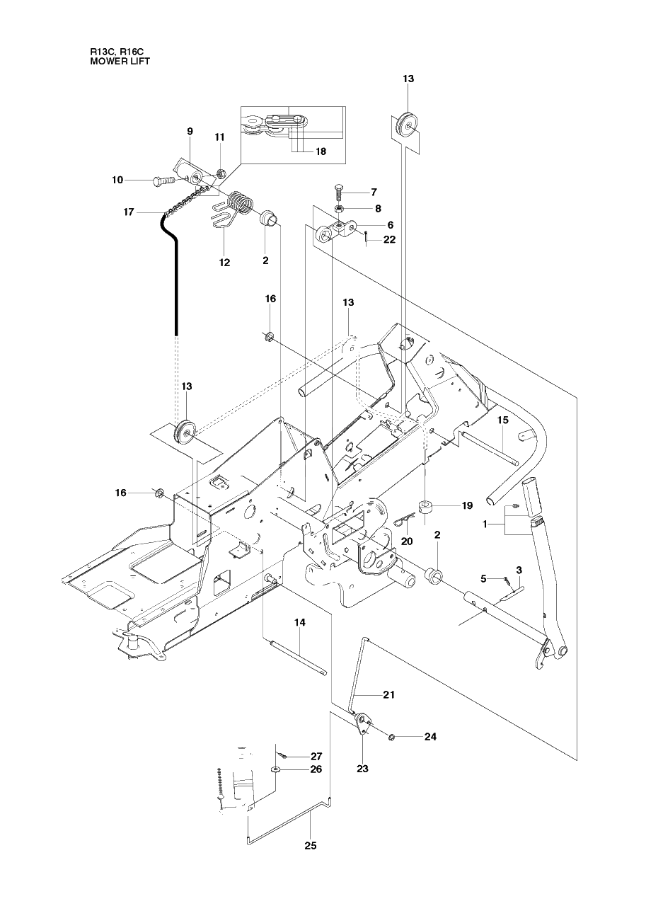 Mower Lift / Deck Lift Diagram and Parts List for R13C (965094301)(2010-07) Husqvarna Lawn Tractor