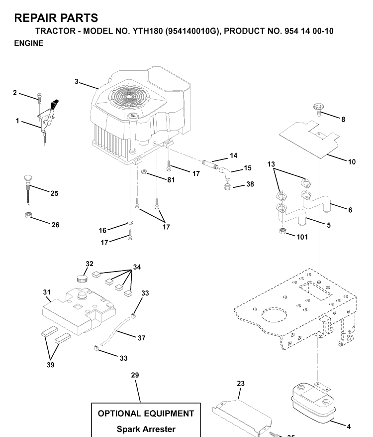 Engine Diagram and Parts List for YTH180 (954140010G)(1998-10) Husqvarna Lawn Tractor