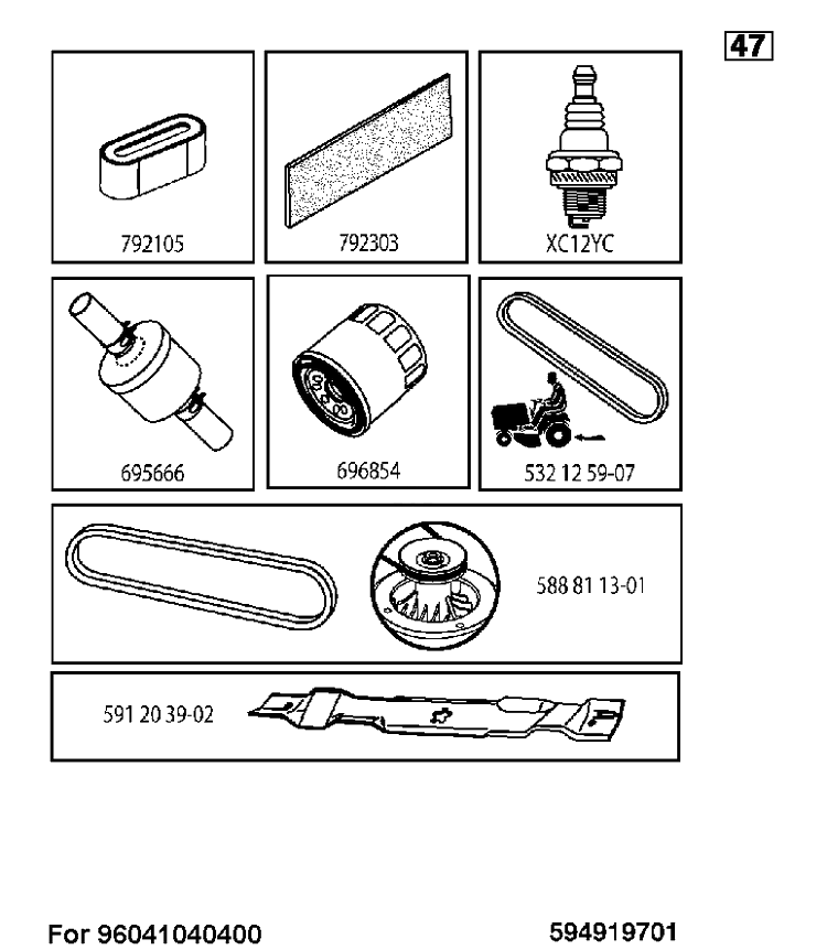 Frequently Used Parts Diagram and Parts List for TS348XD (96041040400)(2018-06) Husqvarna Lawn Tractor