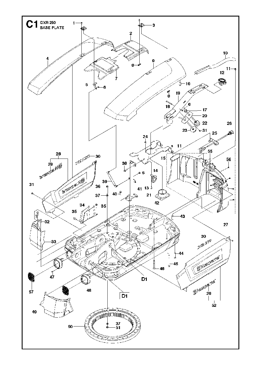 Base Plate Diagram and Parts List for DXR250 (12 & Above)(2013-08) Husqvarna Demolition Hammer