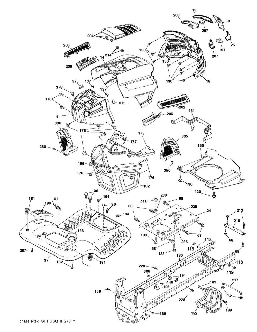 Chassis And Enclosures Diagram and Parts List for YTH1842 2018 Husqvarna Lawn Tractor