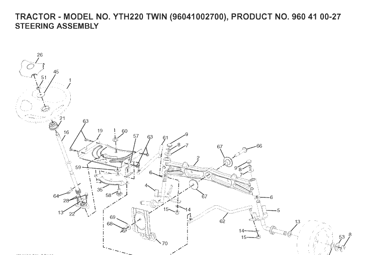 Steering Diagram and Parts List for YTH220TWIN (96041002700)(2007-04) Husqvarna Lawn Tractor