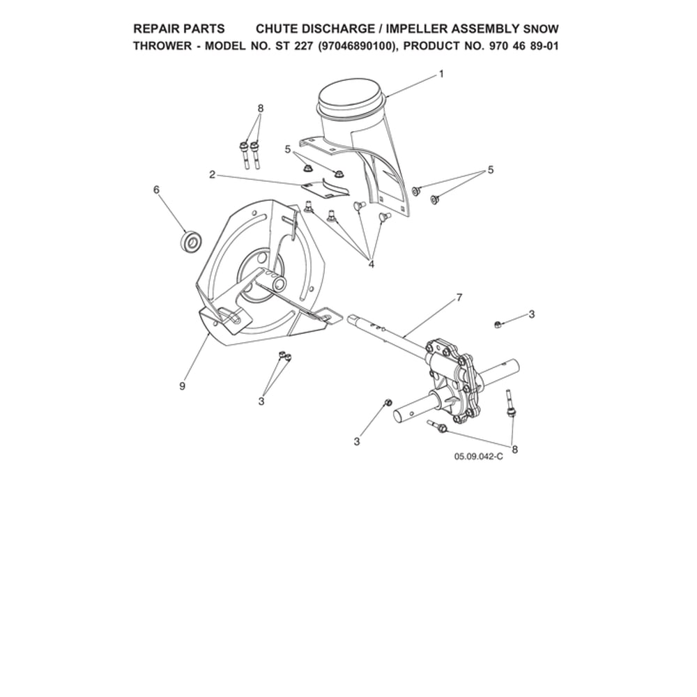 Chute Discharge/Impeller Assy Diagram and Parts List for ST227-970528702  Husqvarna Snow Blower