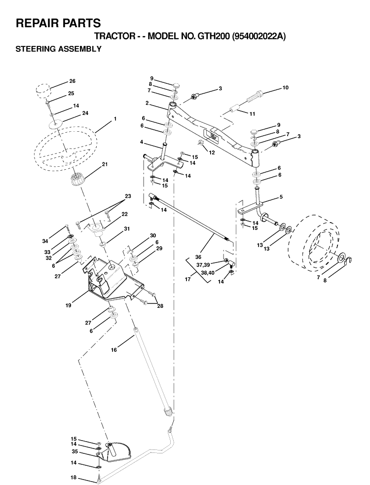 Steering Diagram and Parts List for GTH200 (954002022A)(1995-05) Husqvarna Lawn Tractor