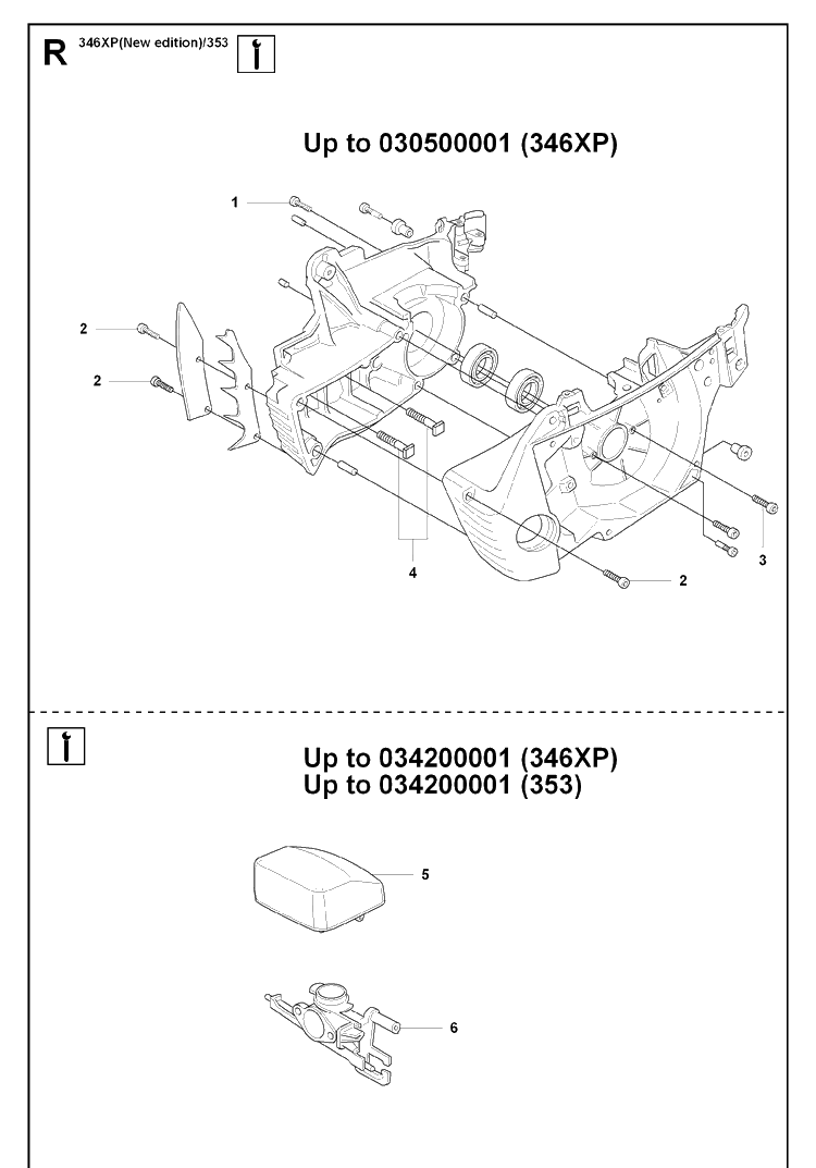 Service Updates 3 Diagram and Parts List for 353 20071300001-20090400000 Husqvarna Chainsaw
